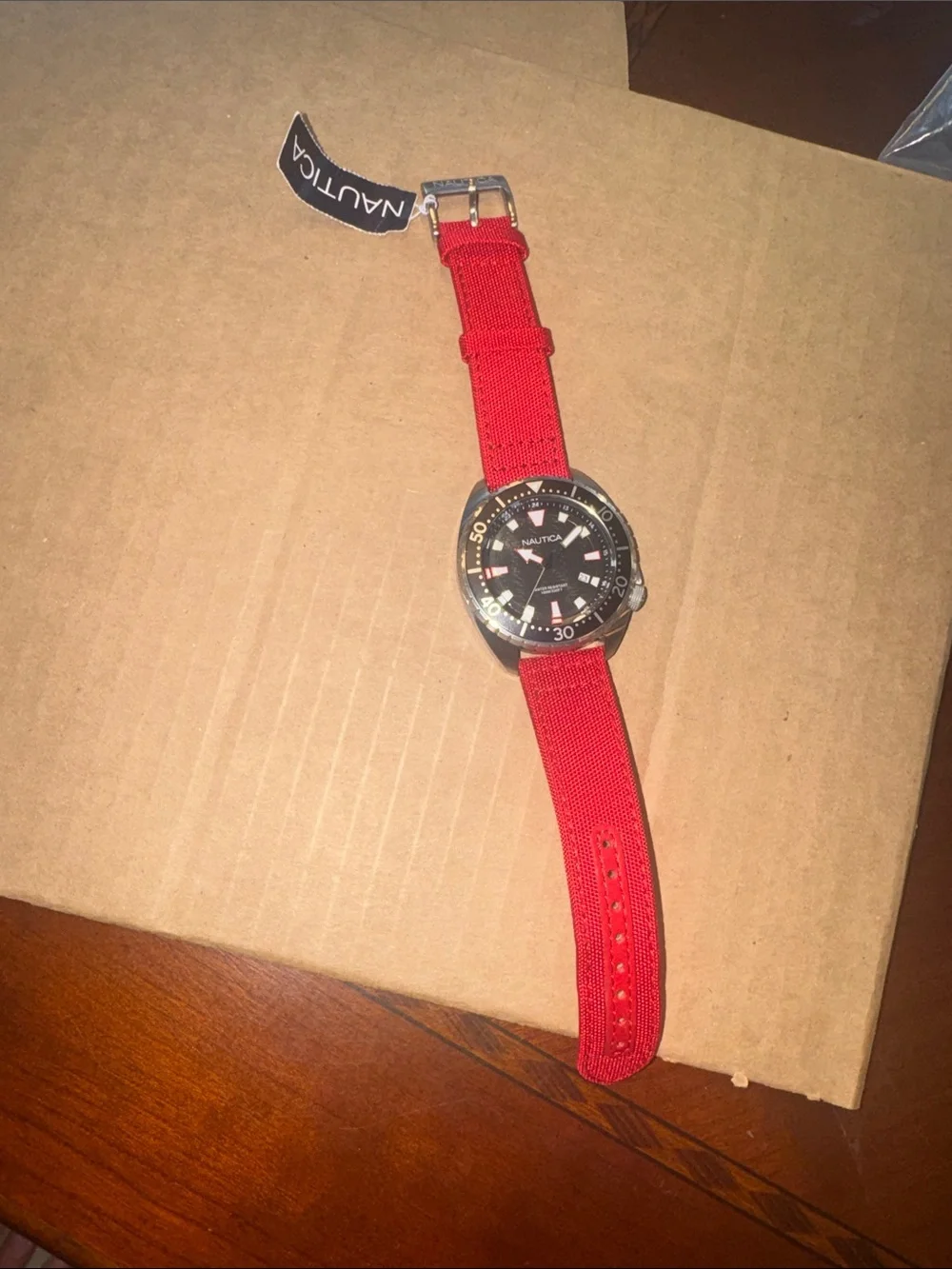 Nautica Men's Red Canvas Strap Watch with Black Dial and Silver Case